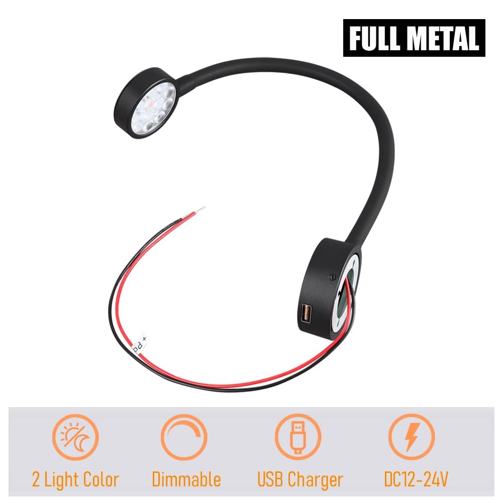 Lampade da Lettura LED 12V Camper Barca con Caricatore USB& Luce Notturna Rossa 254lm Spot da Parete da Comodino, Per Caravan Furgone Van, Dimmerabile 24VDC Flessibile a Collo di Cigno
