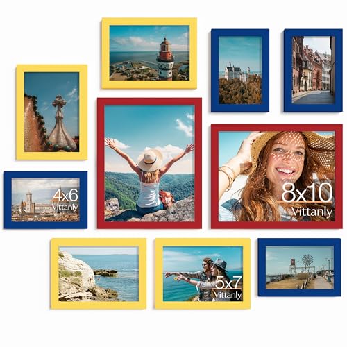 Image of Vittanly Picture Frames Set of 10, Picture Frames Collage Wall Decor with Two 8x10, Four 5x7 and Four 4x6 Photo Frames, Gallery Wall Frame Set for Wall or Tabletop Display, Red, Yellow and Blue