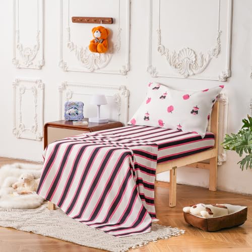 Image of KAREVER Stripes Toddler Bedding Set Pink Apple Print 4 Pieces Crib Bed Set Kids White Pink Striped Comforter Set