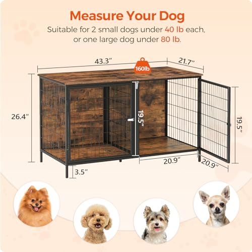 Dog Crate Furniture for 2 Dogs, 43.3" Dog Kennel with Removable Divider, Heavy Sturdy Dog Furniture Style Double Cage for Small Medium Dog, Indoor Pet House End Table, Rustic Brown DCHR1201 - Image 6