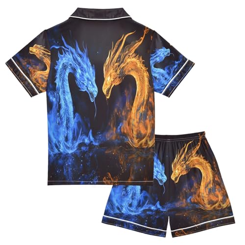 ALAZA Blue Orange Dragon Satin Pajamas Set Short Sleeve Button Down Sleepwear Summer Pjs 2 Piece2