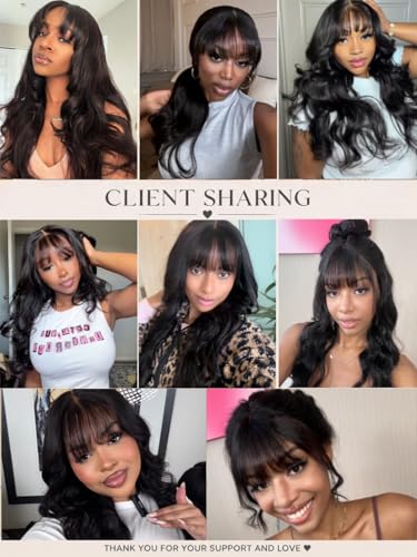 Image of Beauty Forever 13x4 Lace Front Wig Human Hair Glueless Pre Plucked Pre Cut,Loose Wave Wig with Curtain Bangs for Black Women, Fluffy Natural Black Ready to Wear Drawstring Wig, 150% Density 20 Inch