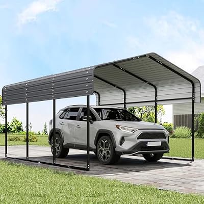Real Relax 10x15FT Heavy Duty Metal Carport, Outdoor Carport Canopy with Galvanized Steel Roof and Reinforced Base for All-Weather, Garage Shelter Shade for Trucks, Boats, Party, Gray