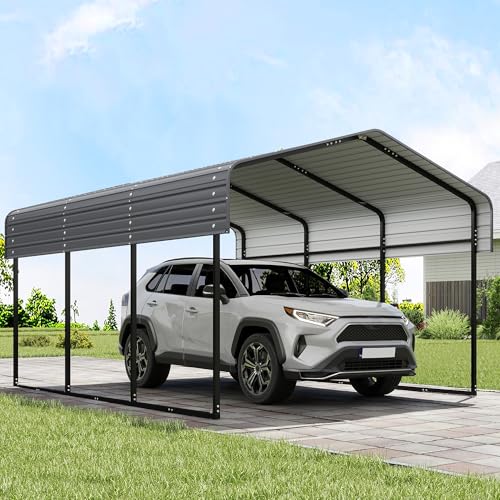 Image of Real Relax 10x15FT Heavy Duty Metal Carport, Outdoor Carport Canopy with Galvanized Steel Roof and Reinforced Base for All-Weather, Garage Shelter Shade for Trucks, Boats, Party, Gray