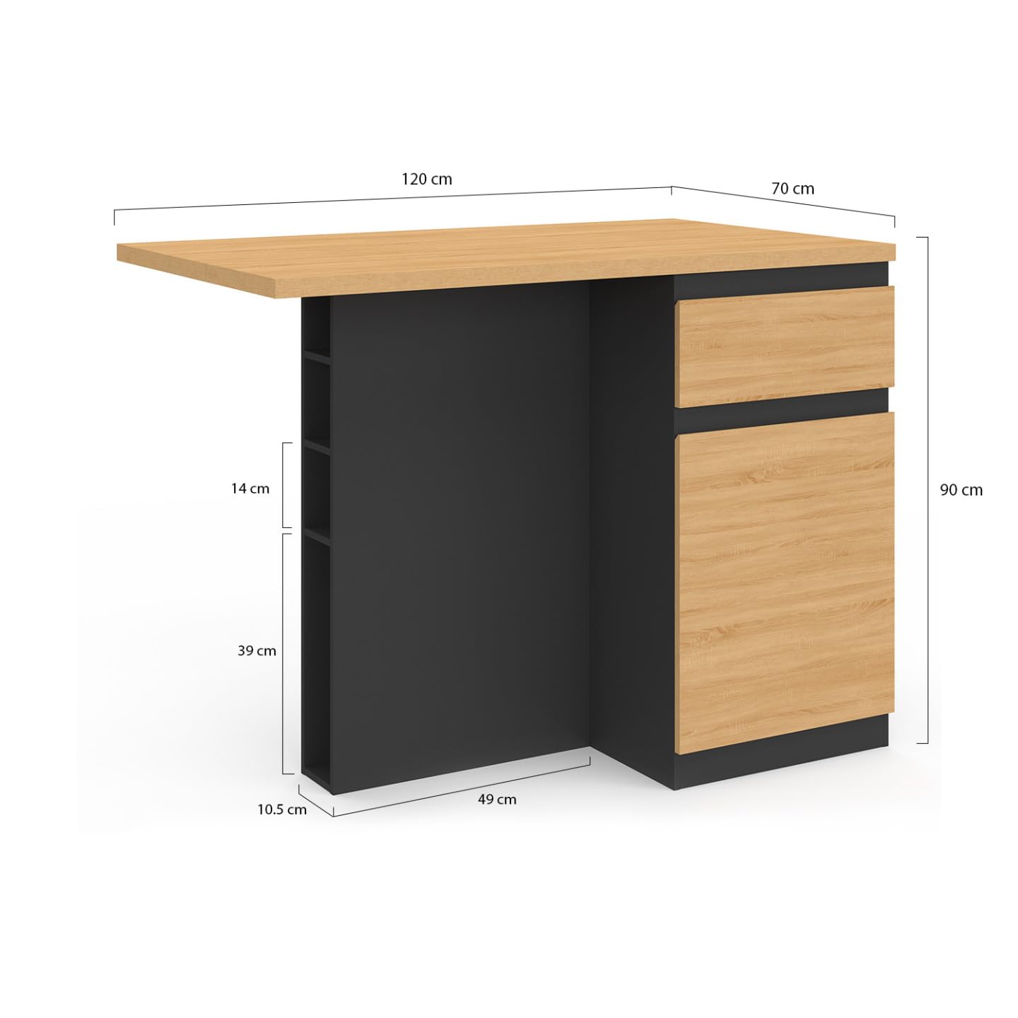IDMarket - Ilot central TINO 120 cm avec range-bouteilles 4 personnes bois noir avec plan de travail façon hêtre