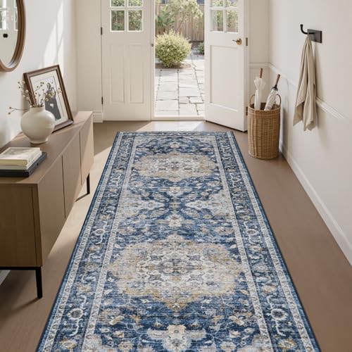 PADOOR-Vintage Runner Rug 2X10 Runners for Hallways-Soft Blue Washable Bedside Rugs for Bedroom-Non Slip Long Rug for Hallways Entryway Laundry Room Stair Kitchen Bathroom Blue 2' x 10' (Rec