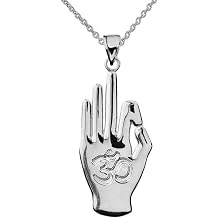 Middle Eastern Jewelry Unique 10k White Gold Stay Calm Om/Ohm Hand Signal Pendant Necklace
