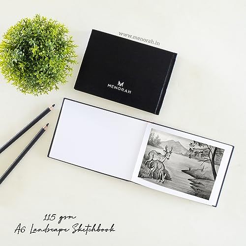 Image of MENORAH Paper Artist Sketch Book - A6-115 Gsm (160 Pages / 80 Sheets) Drawing Notebook - Hard Bound Book - (10.5 Cm X 14.8 Cm) - Completely Handmade - Landscape-Black, Watercolor