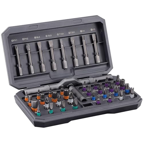 Juego de destornilladores magnéticos de carraca de 42 piezas con puntas de precisión, puntas codificadas por colores, maletín de almacenamiento portátil para reparación de muebles, ordenadores