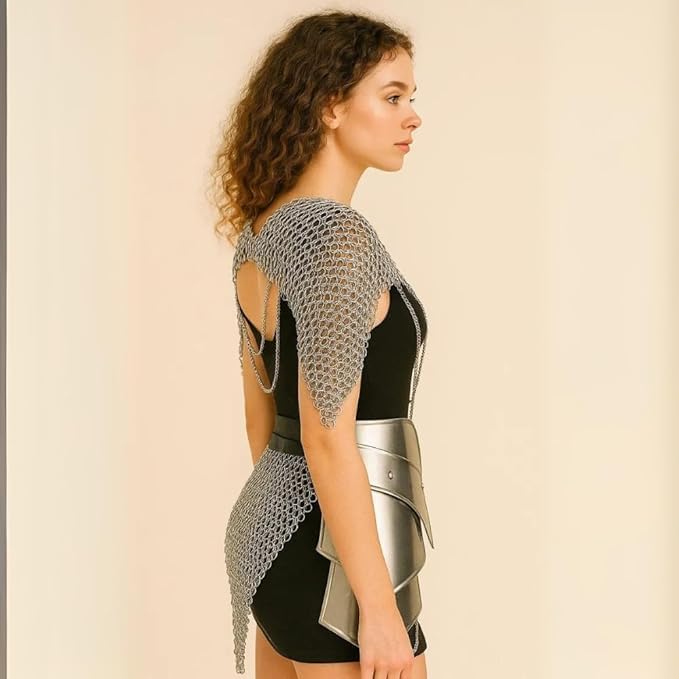 Medieval Fantasy Chainmail Armor Set, Women's LARP Costume with Harness Top and Skirt, Silver and Black, Handmade for Cosplay