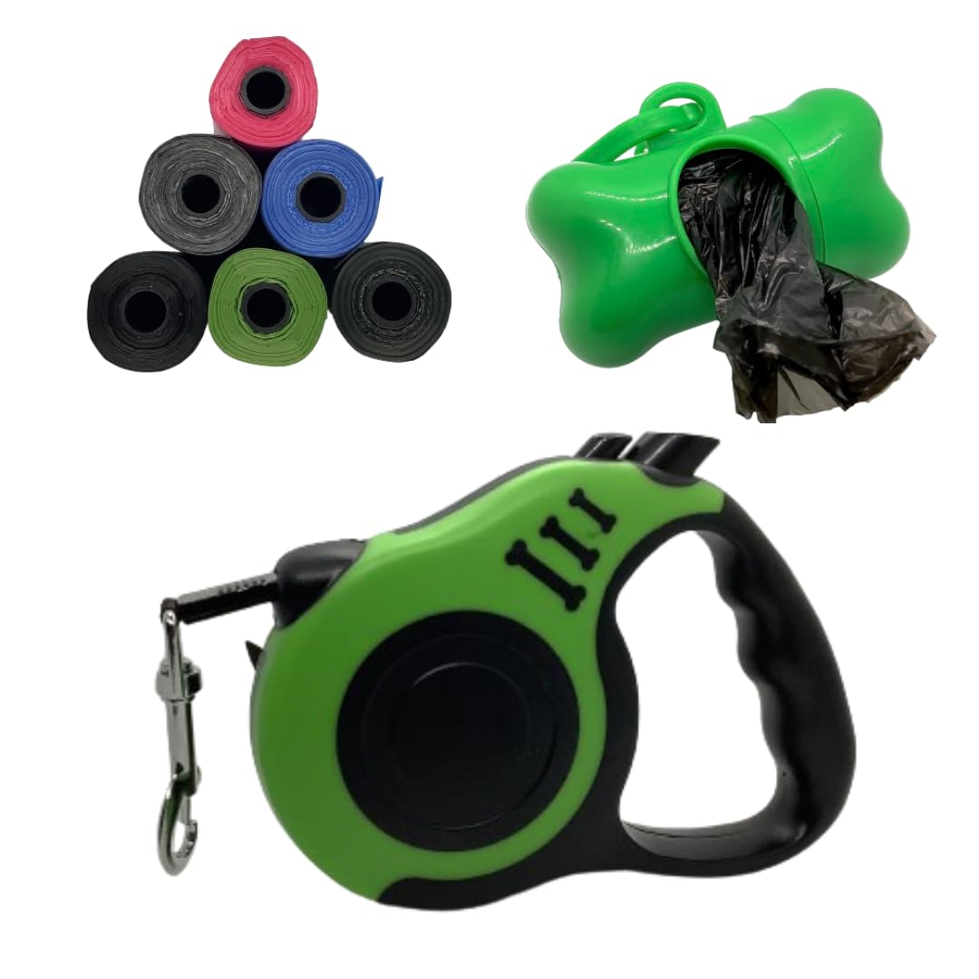 Correa Perro Extensible|3 Metros hasta 10 Kg|Correa para Perros Flexi.ble|Perros Pequeños Medianos|Correa Ligera Perros y Gatos|Ergonómica|Cinta RetráctilPaseo|Bolsa Caca Perro| (Verde, 3M)