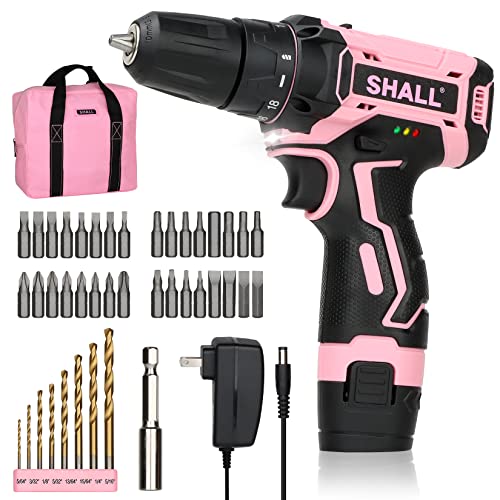 SHALL 43-teiliges rosa Akkubohrer-Set, 12 V elektrische Bohrmaschine, 3/8 Zoll schlüsselloses Bohrfutter, 2 Ah Li-Ion Akku, zum Bohren von Holz/Metall, Frauen DIY Projekte
