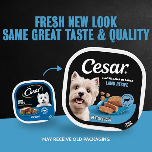 Image of Cesar Classic Loaf in Sauce Wet Dog Food, Lamb Recipe, 3.5 oz, 24 Count | Made in USA, Real lamb #1 ingredient, no fillers, no added sugar, no artificial flavors, slow-cooked, easy peel trays