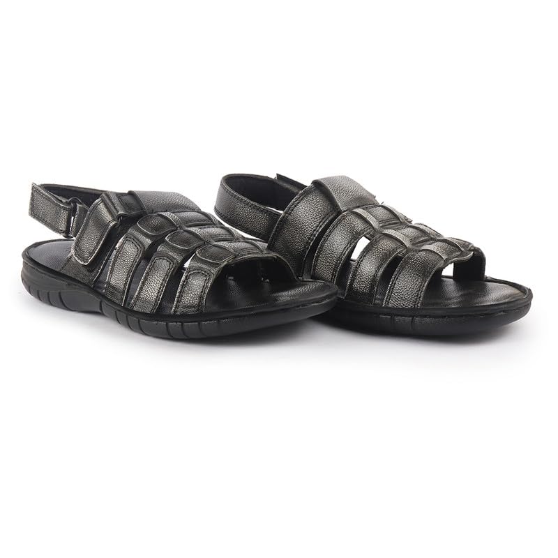Image of FAUSTO Men Genuine Leather Multi Strap Open Toe Broad Feet Roman Sandals with Adjustable Back Strap | Slip Resistant Lightweight Sole