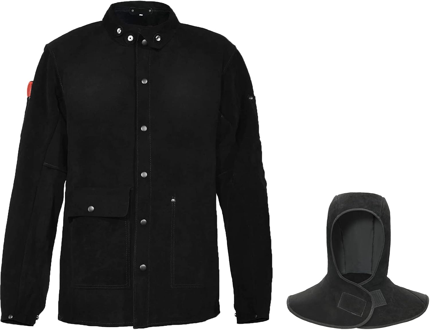 Black Leather Welding Jacket with Hood, Heavy Duty FR Split Cowhide Leahter Work Safety Jackets, Welder Jackets for Men & Women(4XL)