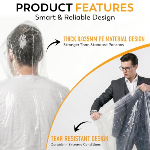 Image of Disposable Rain Ponchos for Adults, 5 Pack /10 Pack, Clear Waterproof Ponchos with Hood for Travel & Hiking