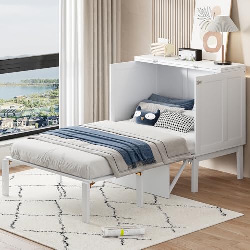 Lit Armoire 90 x 200 cm, Lit Convertible avec Espace de Rangement et Petites étagères Lits Mural avec Sommier à Lattes(sans Matelas) (90x200 cm, Blanc)