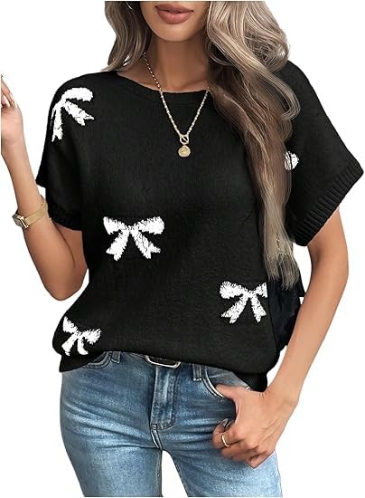Women Bow Short Sleeve Sweater Lightweight Knit Pullover for Summer Trendy Cute Work Casual Tops