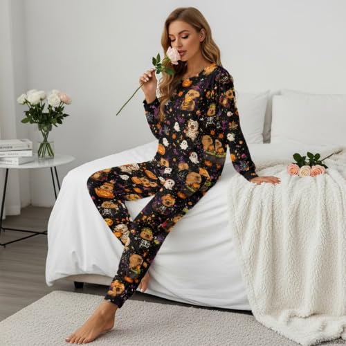Image of Women's 2 Piece Printed Pajama Set Long Sleeve Sleepwear Set with Long Pants Casual Lounge Sets with Pocket