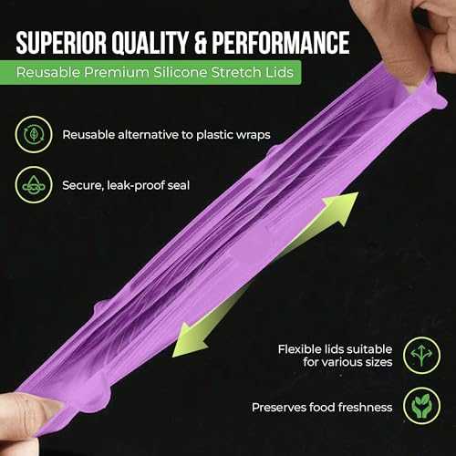 Image of Reusable Silicone Stretch Lids for Food Storage in Fridge - Elastic Heat-Resistant Bowl Covers, Cups, Cans, Jars - Universal Food Grade Lid for Containers - 7 Pack - Purple Stretchy Lid Set