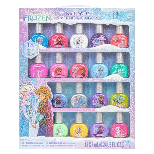 Townley Girl Disney Frozen 18 PK Peel-Off Water-Based Natural Safe Quick Dry Nail Polish Gift Kit Set for Kids Tweens Girls Glittery and Opaque Colors