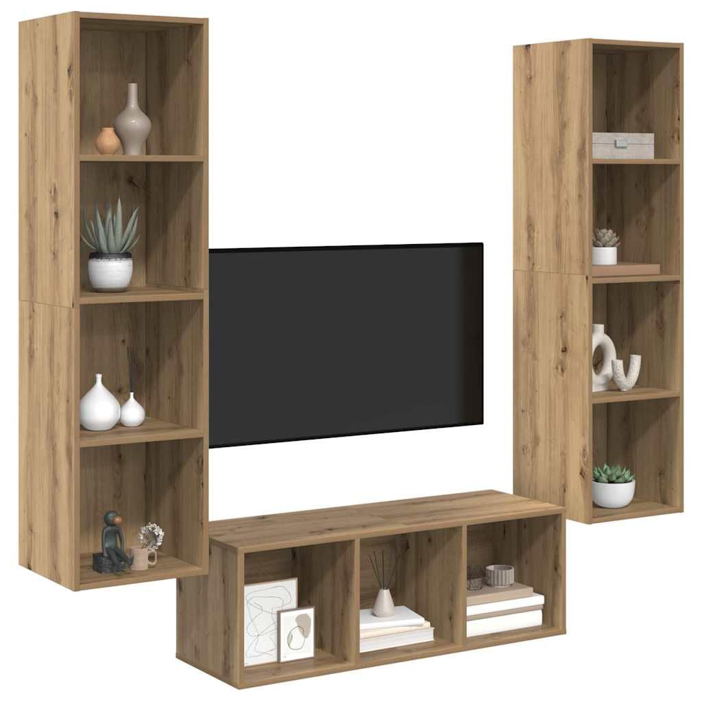 Zestaw szafek pod telewizor montowana na ścianie, 3-częściowy dąb Artisan, materiał drewnopochodny z 11 półkami, nowoczesna szafka pod telewizor do salonu, sypialni