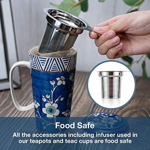 Taimei Teatime Hand Painted Tea/Coffee Mug, Ceramic Tea Cup with Infuser and Lid, 17 fl oz Large Tea Maker for Loose Leaf Tea, Blue and White - Thumbnail 2