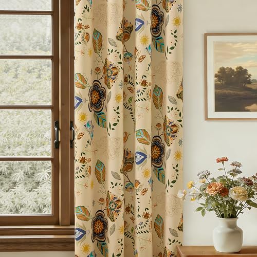 Image of XiDi Kitchen Curtains 45 Inch Length Beige Vintage Boho Blackout Curtains | for Cafe Kitchen Short Grommet Luxury Whimsical Floral Botanical Patterned 45 Inches Long for Living Room Bedroom 52x45