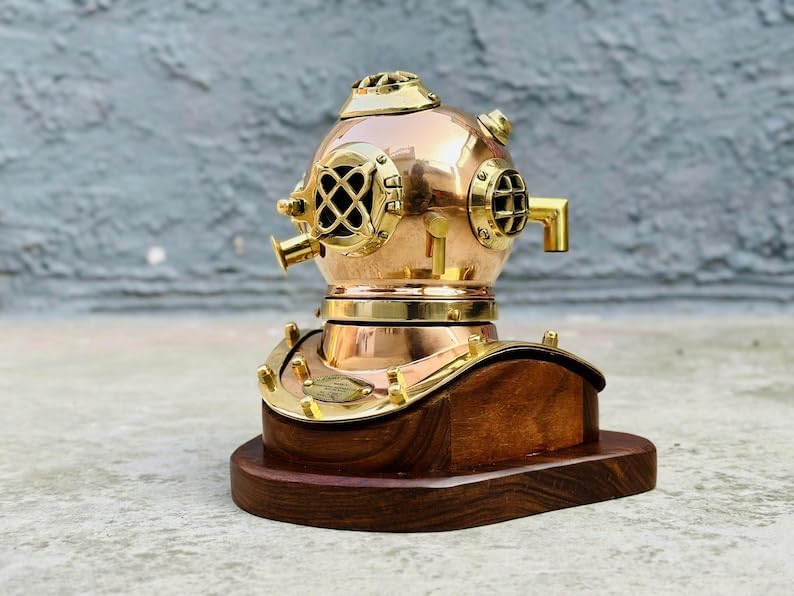 Nautical Diving Helmet | 6" Copper Brass Diving Helmet with Wooden Base | US Navy Mark V Mini Diving Helmet
