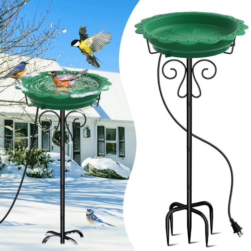 Jvgoo Heated Bird Bath for Outside Winter, Powerful 100W Thermostat Control Heated Bird Baths for Outdoors with 5-Prong Metal Stake, Heated Birdbath Water Heater for Garden Yard Patio Lawn (Green)