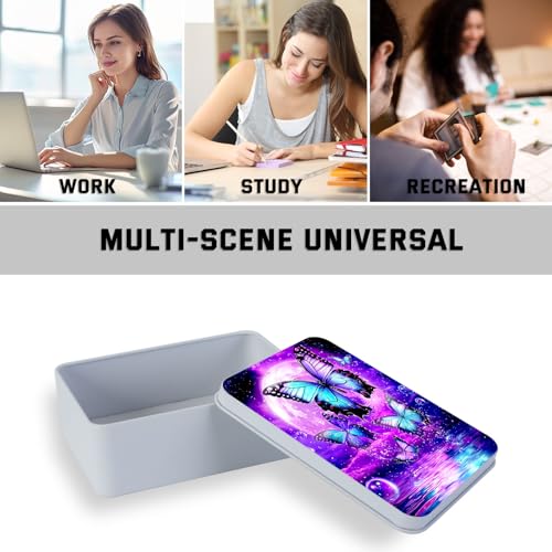 Image of Metal Tin Box with Lid for Game Cards Home Organizer Candles Keys Crafts Storage - Equipped with 4 Magnetic Cord Clips,Purple Moon Blue Butterfly