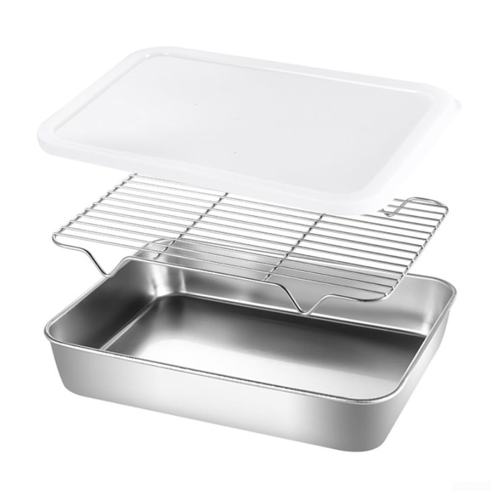 Stainless Steel Baking Pan Set with Cooling Rack and Cover Versatile Kitchenware for Roasting, Baking,and Storage Dishwasher Safe(26x20x5cm)