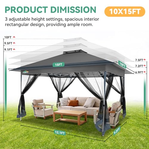 Image of COBIZI 10x15 FT Pop up Gazebo on Clearance - Outdoor pop up Heavy Duty Canopy Tent,carpas para Patio,Screen Tents with Portable Carry Bag, Patio Gazebos for Camping, Garden, Deck, Backyard, Darkgray