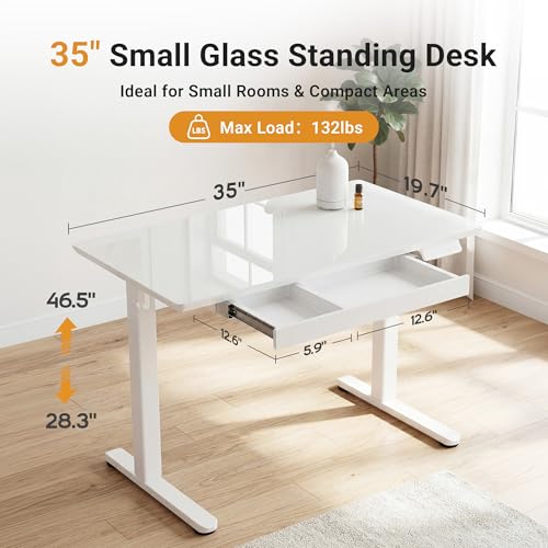 Image of YDN Glass Standing Desk with Drawer, 35 x 19 Inches Electric Adjustable Height Desk, Sit Stand Home Office Desk with Tempered Glass Top, 4 Memory Presets Ergonomic Computer Desk, Super White