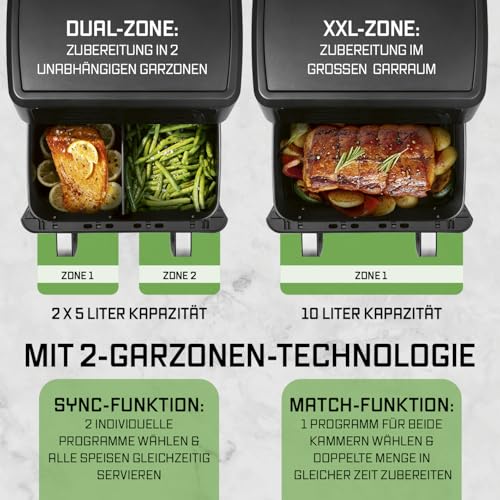 GOURMETmaxx Heißluftfritteuse AirGenius 10L | 2x5L Airfryer Vario-Kammer | Fritteuse mit 10 Programmen & Touchscreen | Heißluftfritteuse 2 Kammern | Heissluftfritteuse Doppelkammer für max. 8 Personen 6