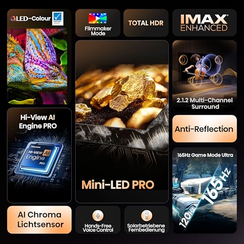 Hisense 65U7Q Pro Fernseher 65 Zoll, 4K Mini LED, Smart TV, Hi-View AI Engine Pro, 165Hz Game Mode Ultra, FreeSync Premium Pro, 2.1.2 ch. Surround Sound, Dolby Vision IQ Atmos, Sprachsteuerung [2025]