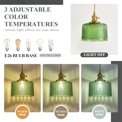Image of Green Pendant Light for Kitchen Island, Modern Gold Hanging Light Fixture with Ribbed Glass Shade Adjustable Mini Chandelier Pendant Lighting for Dining Room Bedroom Foyer entryway 1 Pack
