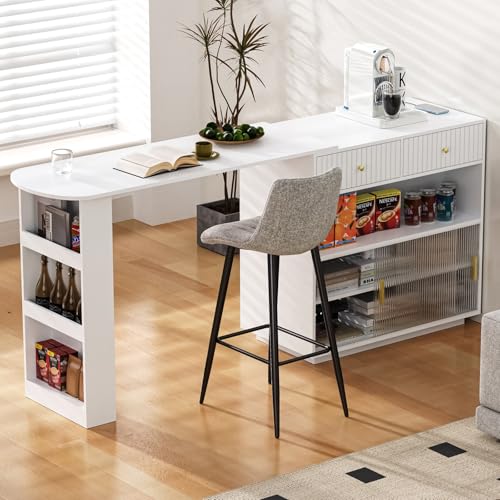 YEHTOKHOME Table de Bar Extensible avec Espace de Rangement, Table Haute Cuisine avec 2 Portes en Verre, Plateau Rotatif 360°, Étagères Réglables, ilot...
