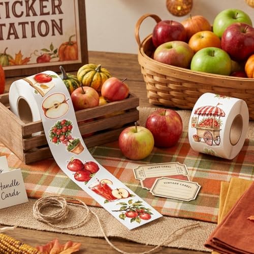 Image of Fall Apple Self Adhesive Sticker for Laptop Water Bottle Scrapbook | Watercolor Painting Style Apple Self Adhesive Backing for Gift Tag Label Phone Case Notebook Accent Classroom Reward