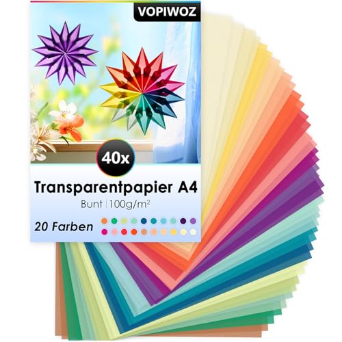 VOPIWOZ 40 Feuilles De Papier Couleur A4, 20 Couleurs Papier Calque A4, Papier Transparent Imprimable, Le Parchemin Peut êTre Utilisé Pour Fabriquer Des...