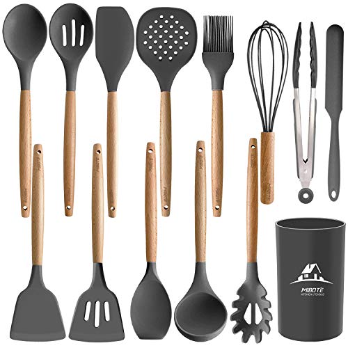 MIBOTE 14PCS Silicone Cooking Kitchen Utensils Set with Holder, Wooden Handles BPA Free Non Toxic Silicone Turner Tongs Spatula Spoon Kitchen Gadgets Utensil Set for Nonstick Cookware (4-Grey)