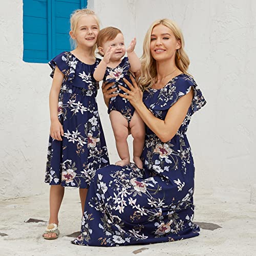 PopReal Mommy and Me Dresses Floral Printed Chiffon Bowknot Ruffles Short Sleeve Beach Mom Daughter Matching Outfits4