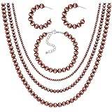 FIRAZIO 3 Set Navajo Pearl Necklace Western Jewelry for Women Including Cowgirl Vintage Multilayer Bead Pearl Necklace Navajo Style Earring and Bracelets (Bronze)
