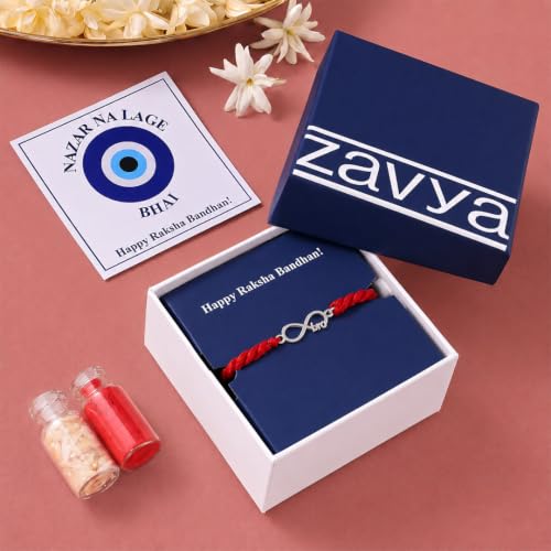 Image of ZAVYA 925 Pure Silver Infinity Bro Mauli Rakhi for Brother | CZ Premium Silver Bracelet for Bhaiya | Rhodium Plated Designer Raksha Bandhan Gift | Rakhi Set with Certificate and Roli Chawal