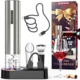 Crenova 6イン1 ワインオープナー 電気充電式 自動コルクスクリュー栓抜きセット 真空ストッパー エアレーター注ぎ口 ホイルカッター ディスプレイベース USB充電ケーブル付き シルバー