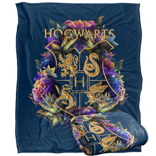 Image of Harry Potter Blanket, 60"x80" Hogwarts Multi-Colored Floral Crest Silky Touch Super Soft Throw Blanket