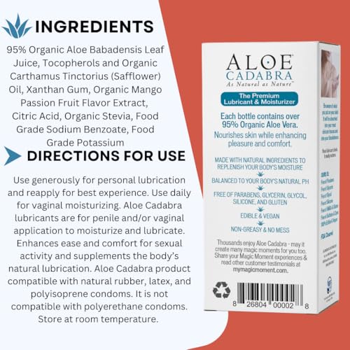 Image of Aloe Cadabra Flavored Personal Lubricant & Vaginal Moisturizer, NSF Certified Organic Edible Lube for Men, Women & Couples, Non-Staining, pH Balanced, Toy Compatible (Mango Passion, 2.5oz, Pack of 5)