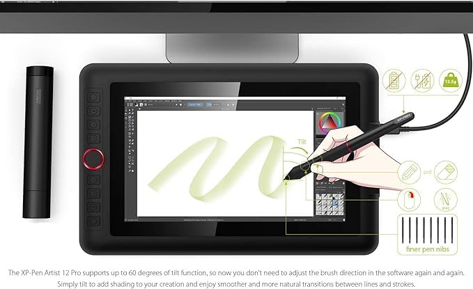 Xp-Pen Artist 12 Pro 12 Inch Drawing Monitor Pen Display Full-Laminated Graphics Drawing Tablet with Tilt Function Battery-Free Stylus and 8 Shortcut Keys, 8192 Levels Pen Pressure and 72% Ntsc-Black - Image 5