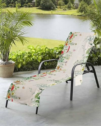 Mushroom Leaves Beach Chair Towel Covers for Chaise Lounge with Side Pocket, Soft Plush Pool Towels Cover for Patio Sunbathing Outdoor 29''x85'' Green Botanical Eucalyptus Herb