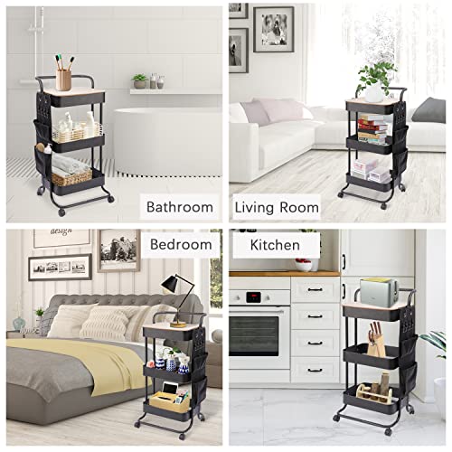 Dtk 3 Tier Metal Utility Rolling Cart With Table Top And Side Bags, Metal Tray Storage Organizer Cart With Wheels, Art Craft Cart With 4 Hooks For Kitchen Bathroom Office Living Room (Black) #TOP5